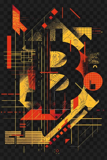 PSD poster psd abstrait 2d avec bitcoin et décoration cubiste avec r collage poster cryptographique banner art