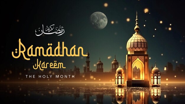 Poster PSD de Feliz Ramadan Kareem com lanterna dourada e fundo de luz bokeh.