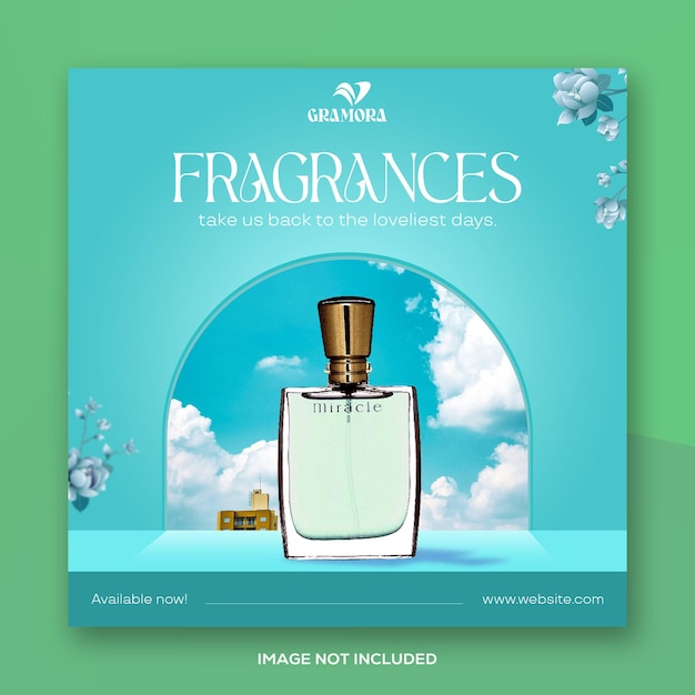 Poster PSD de perfume elegante Flyer de fragrância com banner ou post de mídia social com foto quadrada