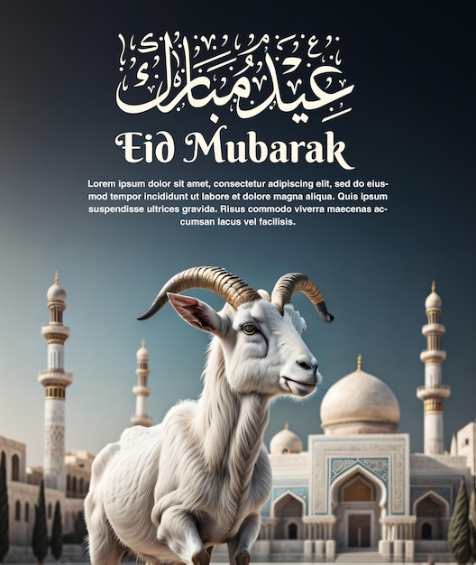 Póster psd para eid aldha al mubarak con una cabra delante y modo islámico de mezquita para eid aldha