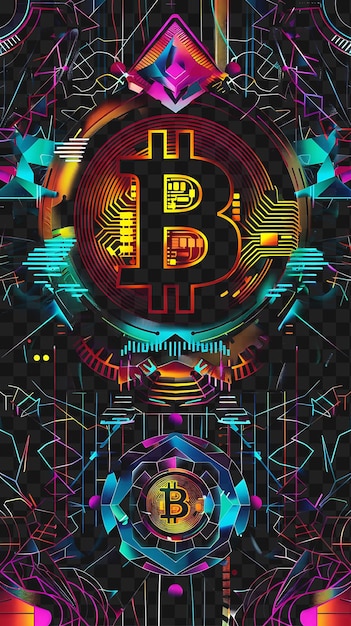 Poster psd exótico en 2d con bitcoin y patrones mundanos con collage de seda poster criptográfico arte de pancartas