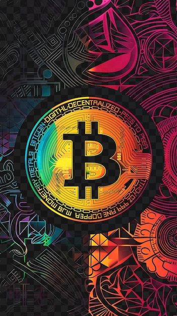 PSD poster psd exótico en 2d con bitcoin y patrones mundanos con collage de seda poster criptográfico arte de pancartas