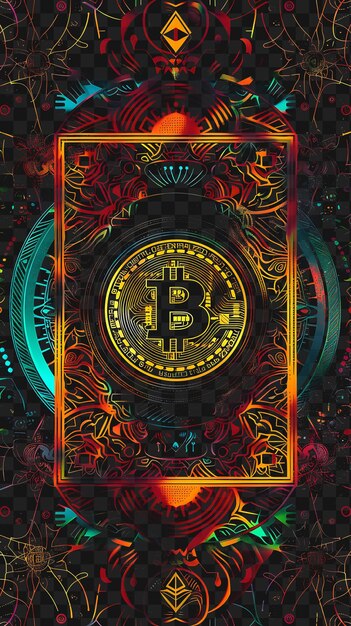 PSD poster psd exótico en 2d con bitcoin y patrones mundanos con collage de seda poster criptográfico arte de pancartas