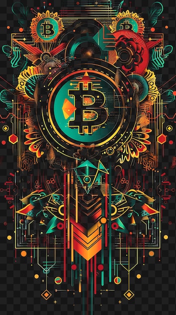 PSD poster psd exótico en 2d con bitcoin y patrones mundanos con collage de seda poster criptográfico arte de pancartas
