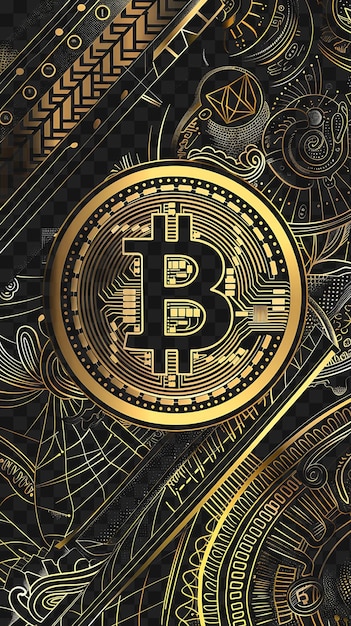 PSD poster psd exótico en 2d con bitcoin y patrones mundanos con collage de seda poster criptográfico arte de pancartas