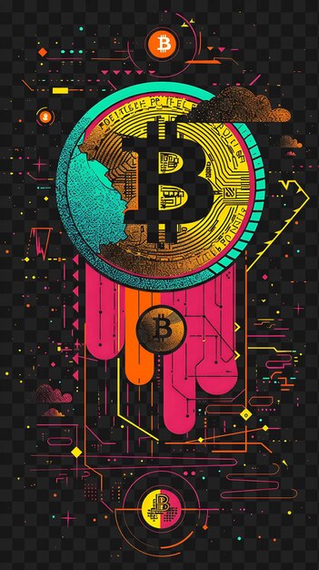 PSD poster psd exótico en 2d con bitcoin y patrones mundanos con collage de seda poster criptográfico arte de pancartas