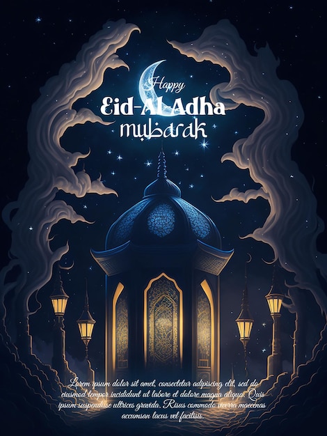 Poster de PSD de Ramadán Eid al Adha con una foto de la hermosa decoración de las linternas