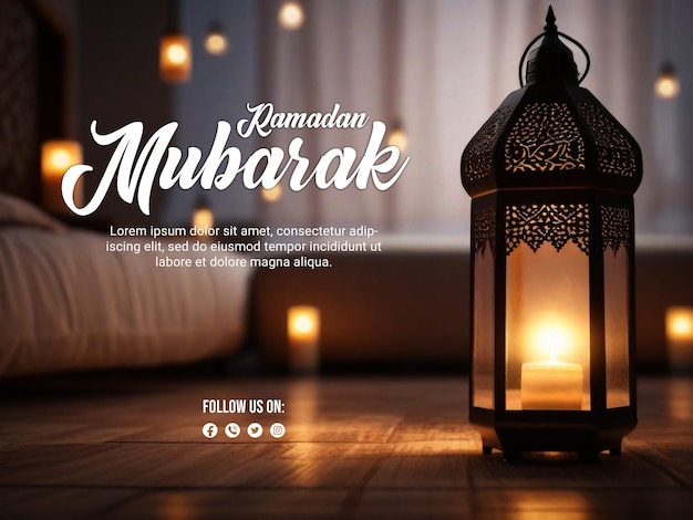 Poster psd de ramadán con lámpara elegante y fondo de luz borroso del libro.