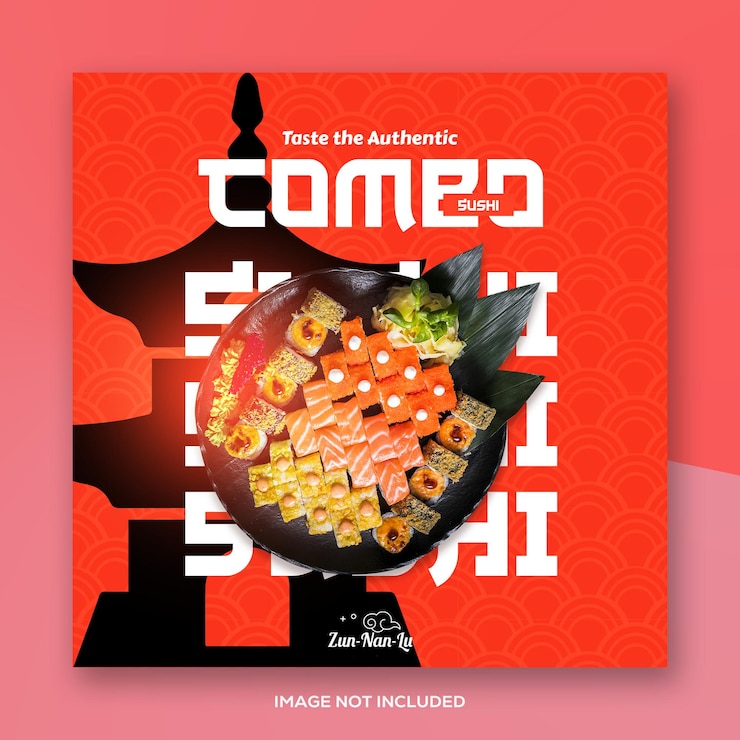 PSD poster psd d'un restaurant de sushi, affiche de menu alimentaire avec une photo carrée, bannière ou message sur les réseaux sociaux