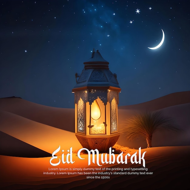 Póster de publicación de redes sociales de Eid con una foto de una hermosa decoración de linternas.