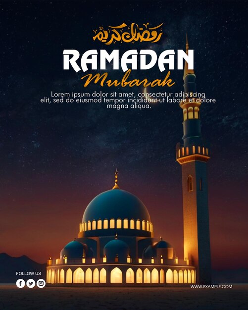 póster de Ramadán con foto de una hermosa mezquita con linterna árabe de Ramadá