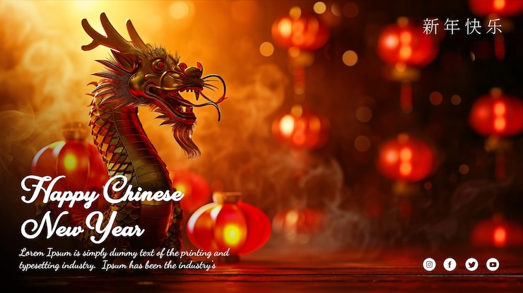 Poster de redes sociales de Año Nuevo Chino Feliz con fondo tradicional chino