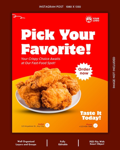 El póster de las redes sociales de pollo frito y la plantilla de la publicación de Instagram