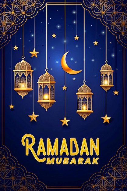 Poster de las redes sociales de Ramadan Kareem con luna y linterna