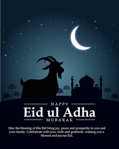 Poster speciale di Eid ul Adha di una silhouette di capra e di una moschea con uno sfondo di bacca blu