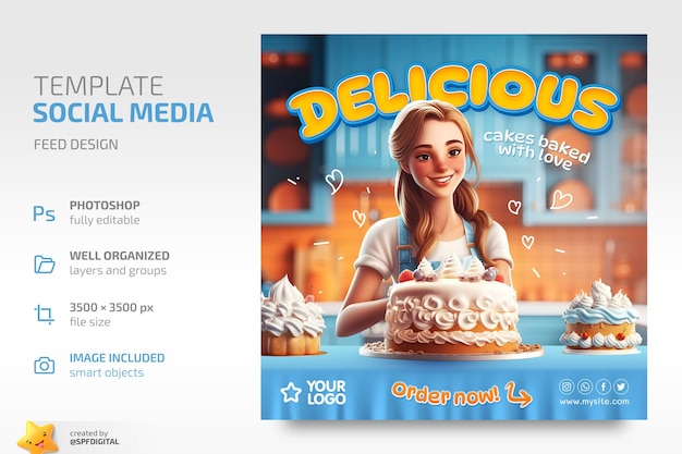 PSD un póster para una tienda de redes sociales con un pastel en él