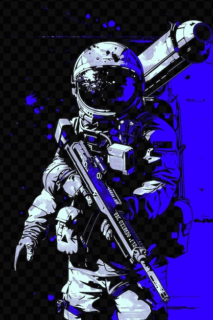 PSD un póster de un traje espacial con un hombre en un traje espacial sosteniendo un arma