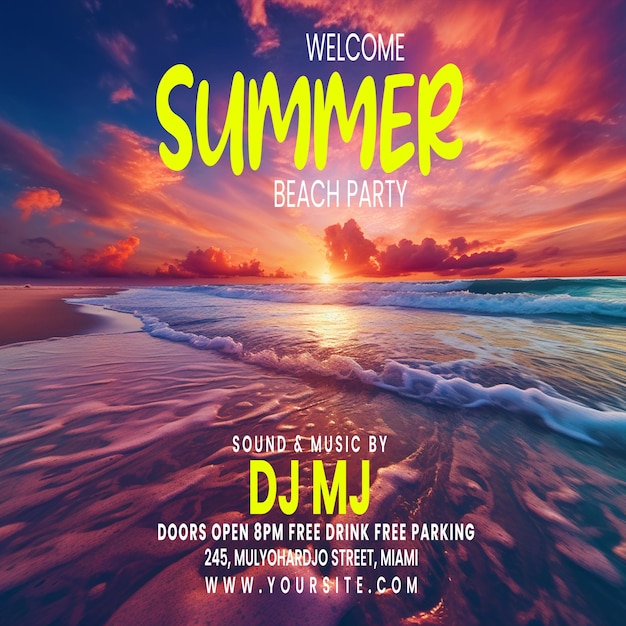 PSD póster de verano psd con un hermoso amanecer en un dj de verano en la playa como fondo