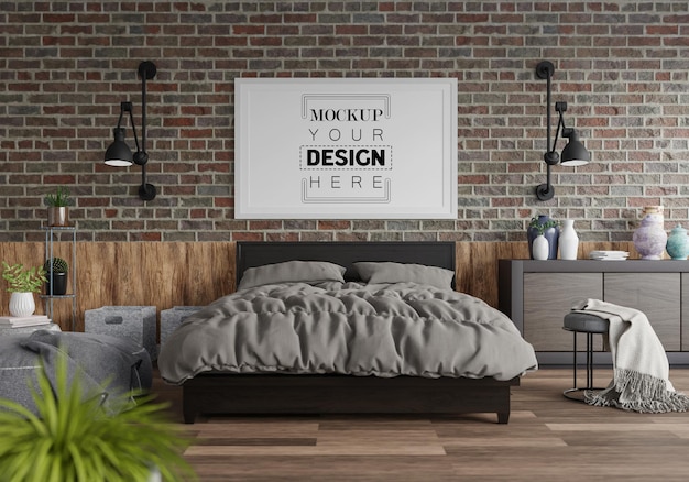 Posterrahmen-Mockup-Interieur in einem Schlafzimmer