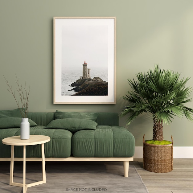 Posterrahmenmodell auf mintfarbenem Wanddesign in 3D-Rendering