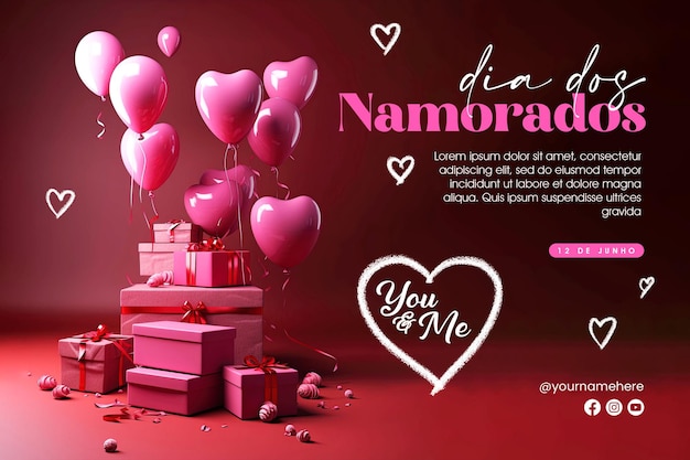 Postervorlage Dia dos Namorados mit Liebeshintergrund und Geschenkbox