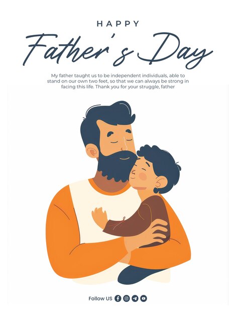 Postervorlage für den happy fathers day mit flachen vektorillustrationen, die vater und sohn in der hand halten