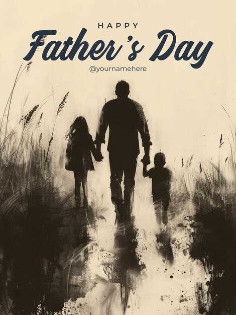 PSD postervorlage für den happy fathers day mit silhouette eines vaters und zwei kindern, einem jungen und einem mädchen