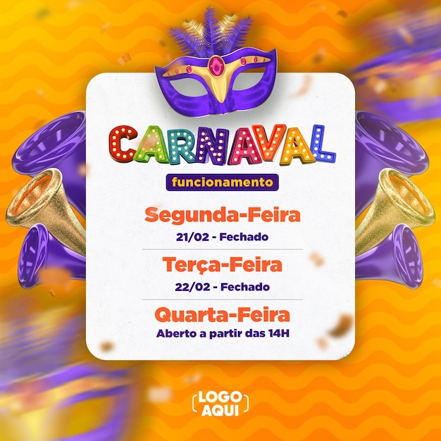 PSD postez l'avis de carnaval des médias sociaux au brésil modèle de rendu 3d pour la campagne en portugais