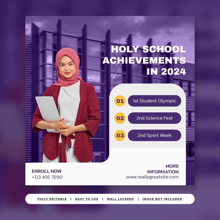 PSD postingan instagram penerimaan sekolah modern ungu