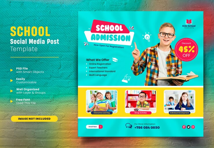 PSD posto creativo per social media o banner web quadrato per l'ammissione alla scuola