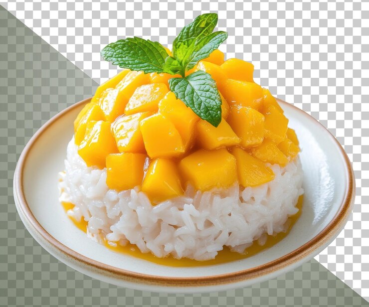PSD postre de arroz pegajoso de mango de papua nueva guinea servido con menta fresca