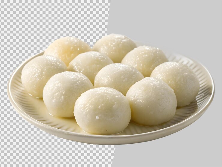 PSD postre dulce de rasgulla en un plato aislado sobre un fondo transparente