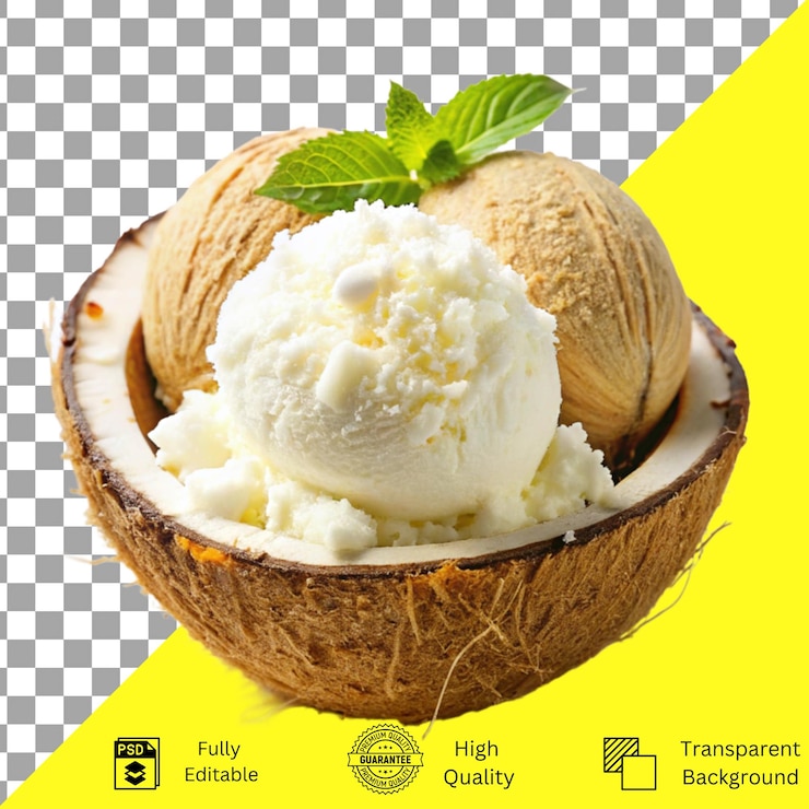 PSD postre de helado de verano con coco aislado sobre un fondo transparente