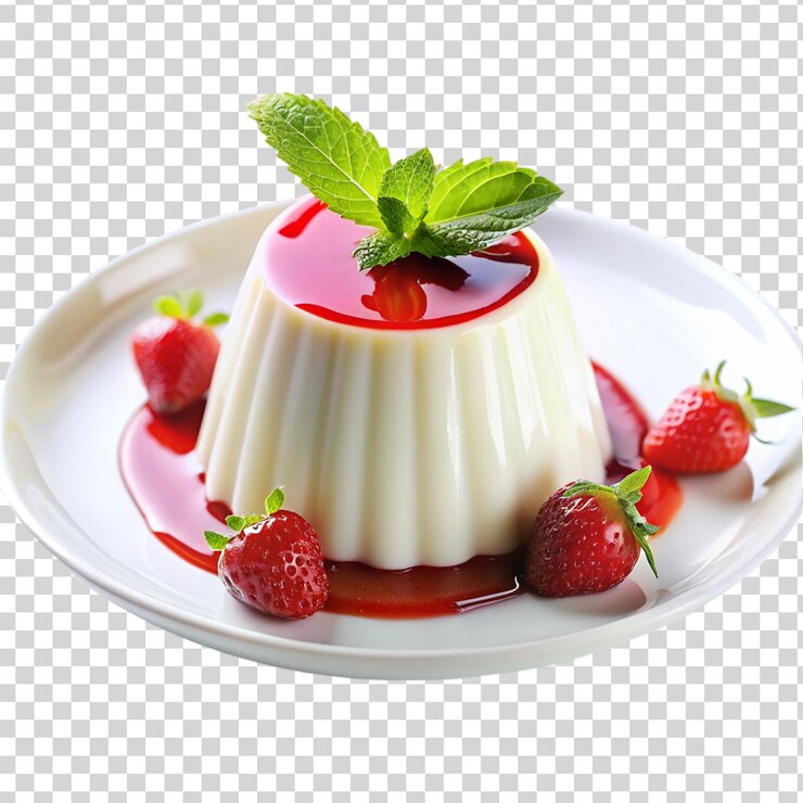 PSD postre italiano de panna cotta en un plato blanco aislado sobre un fondo transparente
