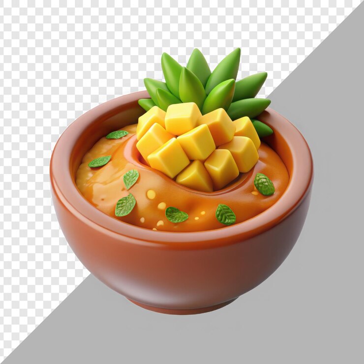 PSD postre de mango vibrante con cubos frescos y menta en un cuenco marrón