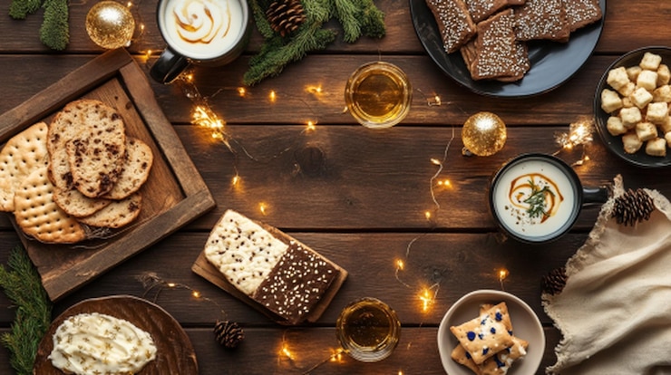 PSD postres de navidad en una mesa de madera con luces de navidad a su alrededor