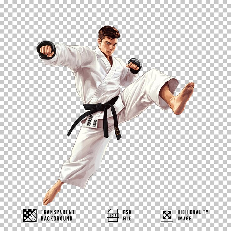 PSD la postura de artes marciales de taekwondo aislada sobre un fondo transparente