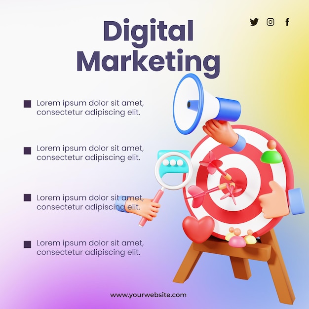 Postvorlage für digitales marketing mit 3d-illustration