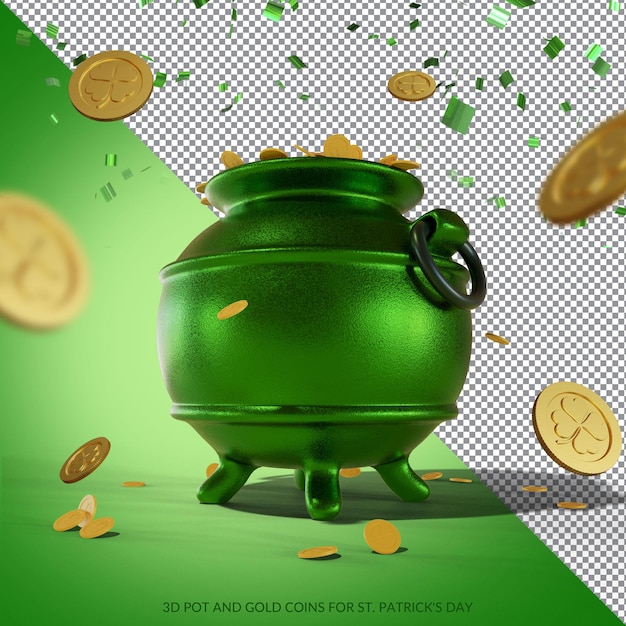 Pot 3d Et Pièces D'or Pour Le Rendu De La Saint-patrick