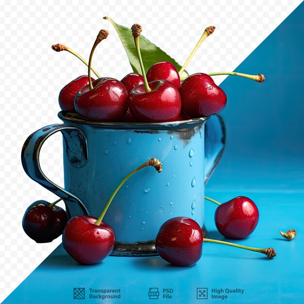 PSD un pot bleu avec des cerises et une image de cerises.