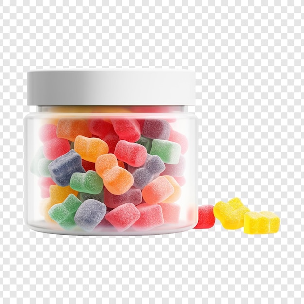 PSD un pot de bonbons colorés avec un couvercle blanc qui dit bonbons