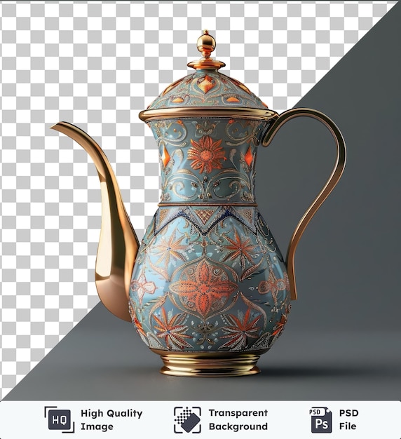 Pot De Café Traditionnel De Ramadan Avec Poignée Incurvée Et Base En Or Placé Sur Une Table Grise Contre Un Mur Gris Jetant Une Ombre Noire