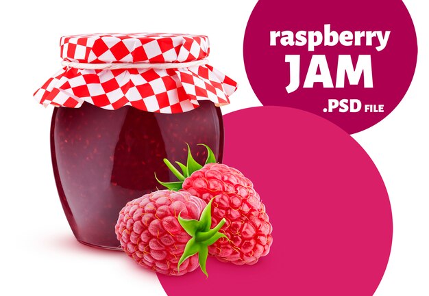 PSD pot de confiture de framboises isolé sur mur blanc