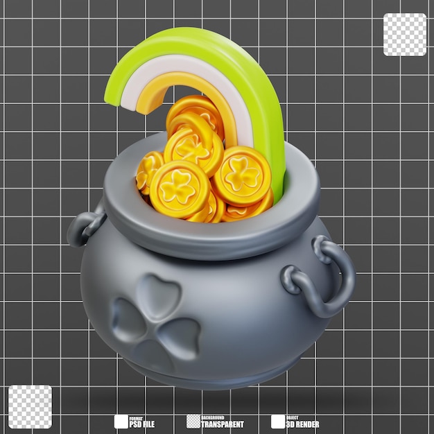Pot de ilustración 3D con monedas de oro de trébol y arco iris