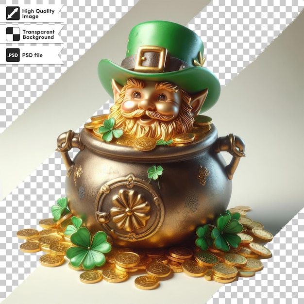 PSD pot psd com moedas de ouro e leprechaque st. patrick em fundo transparente com camada de máscara editável