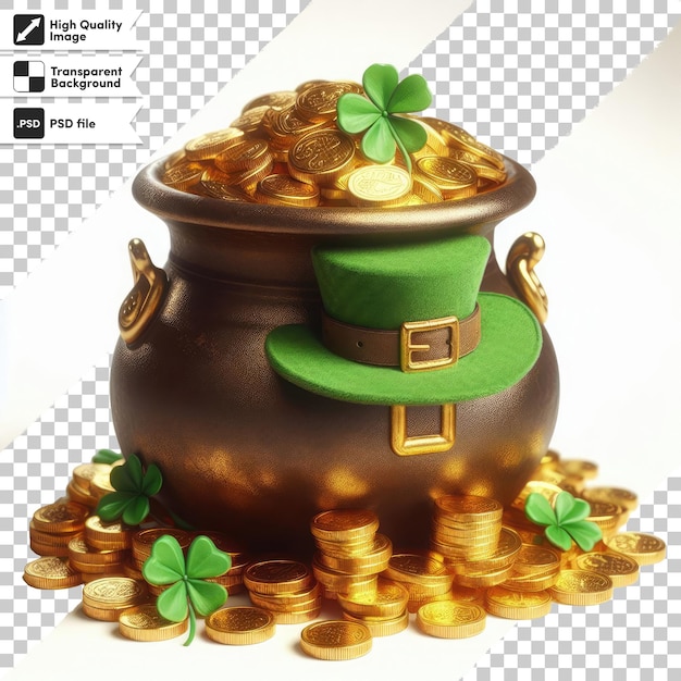 Pot psd com moedas de ouro e leprechaque st. patrick em fundo transparente com camada de máscara editável