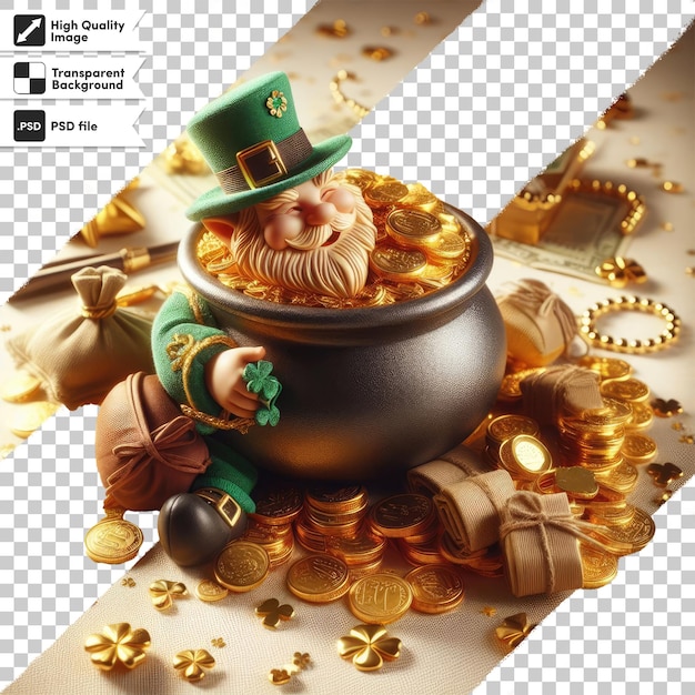 PSD pot psd con monedas de oro y leprechaque san patricio en fondo transparente con capa de máscara editable