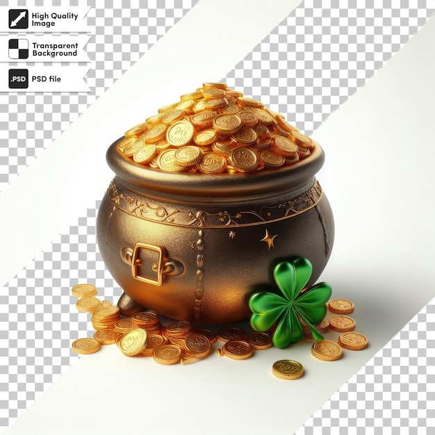 PSD pot psd con monedas de oro y leprechaque san patricio en fondo transparente con capa de máscara editable