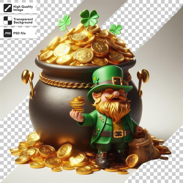 PSD pot psd avec des pièces d'or et le leprecon saint patrick sur un fond transparent avec une couche de masque modifiable