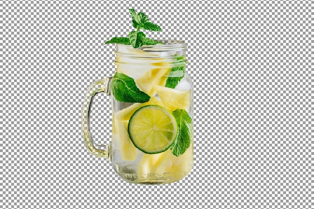 PSD pot en verre psd de limonade avec une feuille de menthe et une tranche de citron vert sur fond isolé et transparent